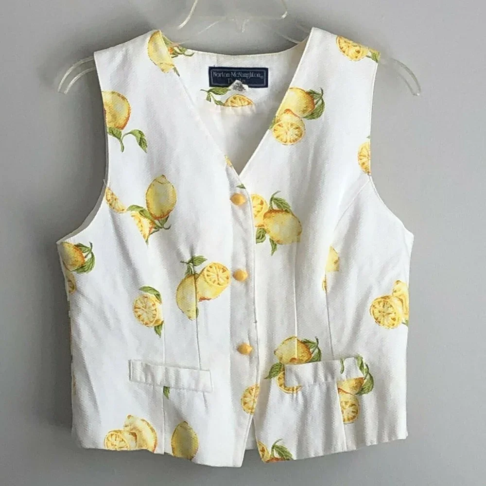 Vintage 90s Y2K Norton McNaughton Waffle Cotton White Lemon Vest - Size 8P - Picture 1 of 10